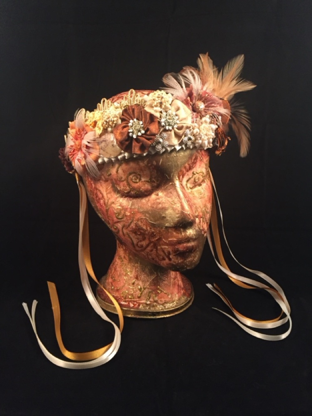 Hand Crafted Festival Headwear Feathers Fabric Flowers Vintage Pearls Ribbon - Picture 2 of 4